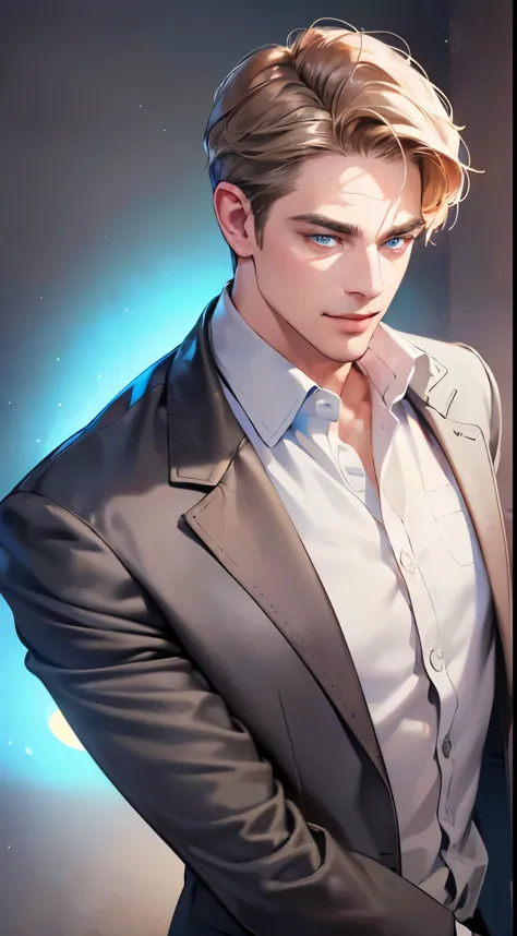 (best quality, masterpiece, 8K, photorealistic, cinematic lighting, 1:4 hdr image, ultra detailed, beautiful image), a mature man, 34 years very handsome, ((cold expression smile in love)), short gray brown hair, blue eyes, face perfect without mistakes, ((buttoning his jacket, CEO))