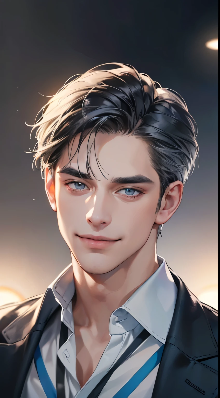 (best quality, masterpiece, 8K, photorealistic, cinematic lighting, 1:4 hdr image, ultra detailed, beautiful image), a mature man, 34 years very handsome, ((cold expression smile in love)), short gray black hair, blue gray eyes, face perfect without mistakes, ((buttoning his jacket, CEO))