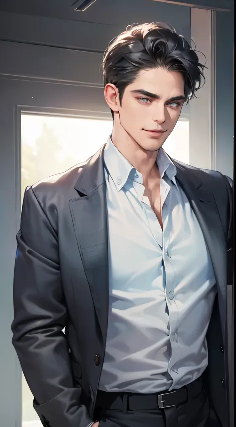(best quality, masterpiece, 8K, photorealistic, cinematic lighting, 1:4 hdr image, ultra detailed, beautiful image), a mature man, 34 years very handsome, ((cold expression smile in love)), short gray black hair, blue gray eyes, face perfect without mistakes, ((buttoning his jacket, CEO))