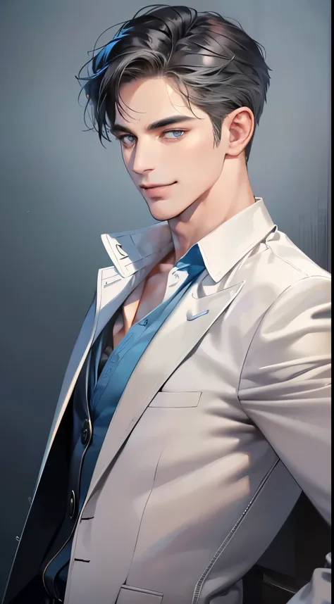 (best quality, masterpiece, 8K, photorealistic, cinematic lighting, 1:4 hdr image, ultra detailed, beautiful image), a mature man, 34 years very handsome, ((cold expression smile in love)), short gray black hair, blue gray eyes, face perfect without mistakes, ((buttoning his jacket, CEO))
