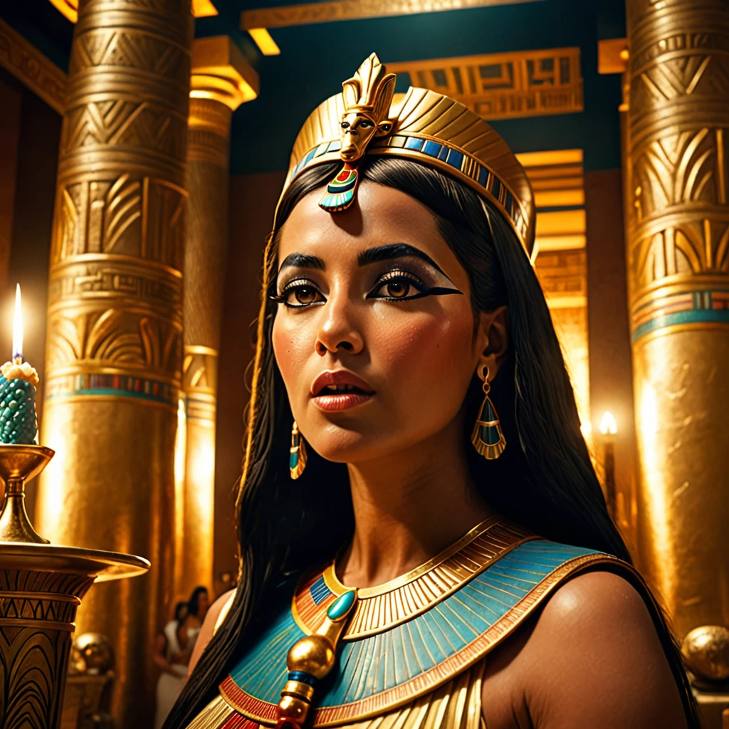 (bust:1.4), Low - Angle:1.4, Cleopatra, Beautiful woman with long dark hair puts a donut in her mouth and eats it, Detailed face, Deep Eyes, ふっくらAnd唇, Wearing a gold crown, Luxurious ancient Egyptian palace interior, Dramatic lighting, A gorgeous column, rich fabric, (Highest quality,4K,8k,High resolution,masterpiece:1.2),Very detailed,(Realistic,photoRealistic,photo-Realistic:1.37),Intricate details,Cinema Lighting,Chiaroscuro,Dramatic Shadows,Warm color palette,Dramatic Pose, Beautiful Egyptian Queen,Hall々And,elegant,Majestic