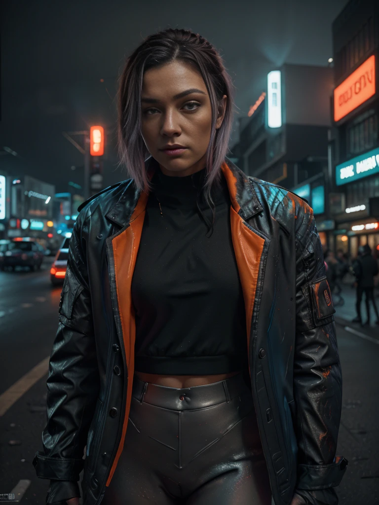 Realistic photo of a Man in  the middle of cyberpunk city Street:1.5, Shadow play, mist, moody, glossy short ash gray hair, orange tech jacket, red iris eyes, vivid, red, cream, brown, green, neon light, purple neon, blue neon, red neon,, Film light, Hyper detailed, Hyper realistic, masterpiece, atmospheric, High resolution, Vibrant, High contrast, dark angle, art by Koos Roos, 8k, HDR, 500px