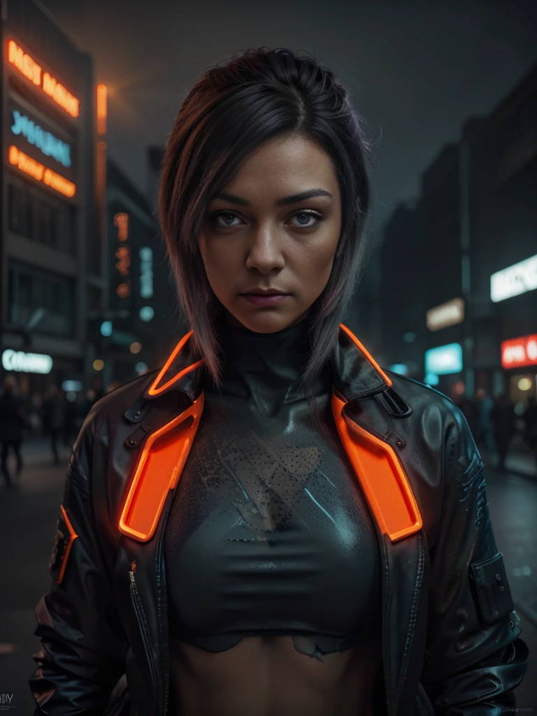 Realistic photo of a Man in  the middle of cyberpunk city Street:1.5, Shadow play, mist, moody, glossy short ash gray hair, orange tech jacket, red iris eyes, vivid, red, cream, brown, green, neon light, purple neon, blue neon, red neon,, Film light, Hyper detailed, Hyper realistic, masterpiece, atmospheric, High resolution, Vibrant, High contrast, dark angle, art by Koos Roos, 8k, HDR, 500px