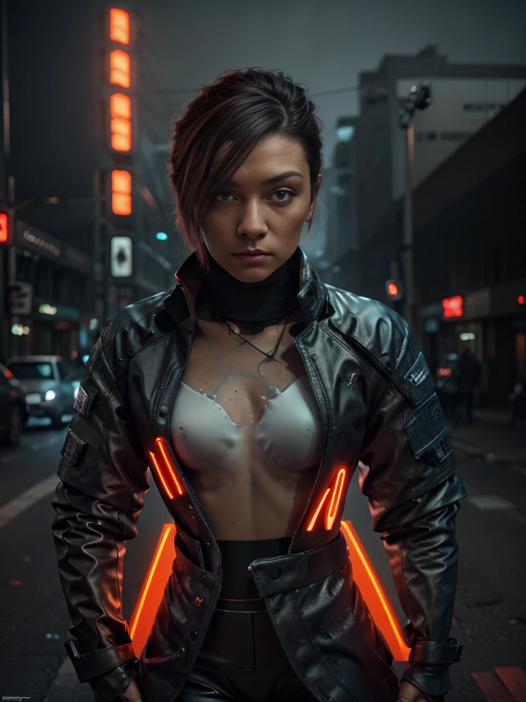 Realistic photo of a Man in  the middle of cyberpunk city Street:1.5, Shadow play, mist, moody, glossy short ash gray hair, orange tech jacket, red iris eyes, vivid, red, cream, brown, green, neon light, purple neon, blue neon, red neon,, Film light, Hyper detailed, Hyper realistic, masterpiece, atmospheric, High resolution, Vibrant, High contrast, dark angle, art by Koos Roos, 8k, HDR, 500px