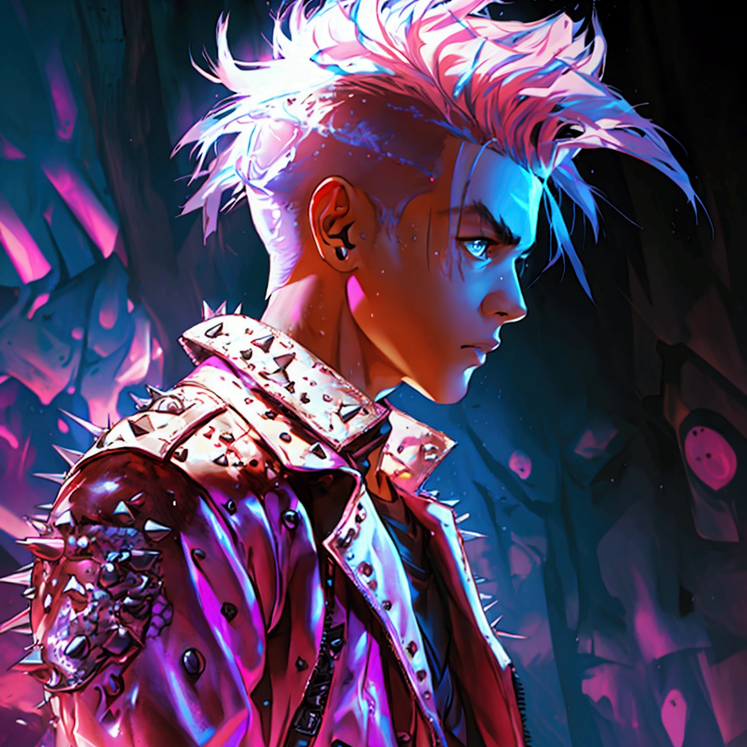 a young male with a pink and blue undercut, punk leather jacket with metal spikes, fingerless gloves, purple snakeskin pants, cowboy boots, detailed facial features, cinematic lighting, dramatic atmosphere, hyper-realistic, award-winning concept art, digital painting, 8k, HDR