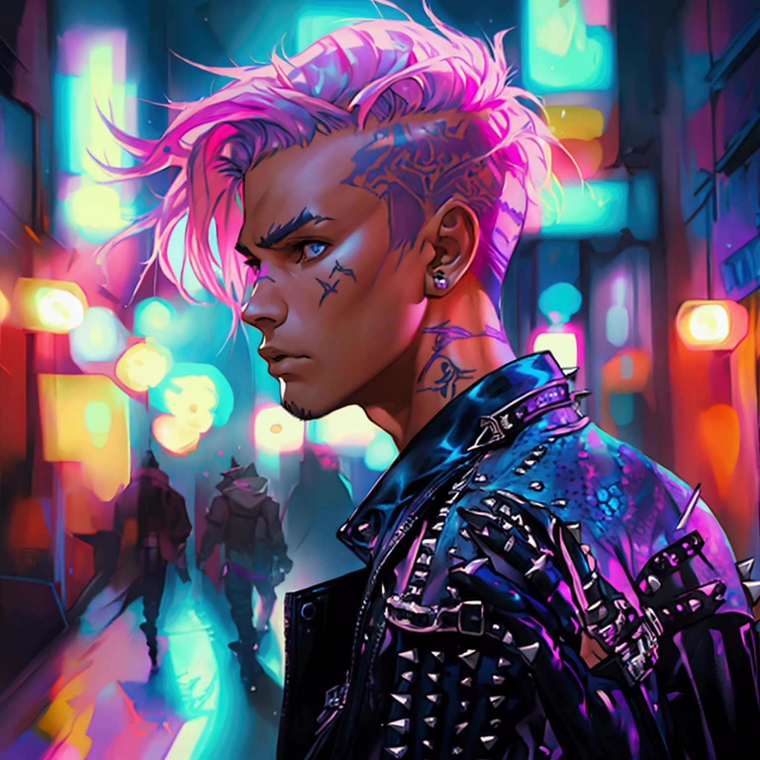 a young male with a pink and blue undercut, punk leather jacket with metal spikes, fingerless gloves, purple snakeskin pants, cowboy boots, detailed facial features, cinematic lighting, dramatic atmosphere, hyper-realistic, award-winning concept art, digital painting, 8k, HDR