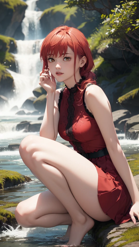 ((masterpiece, Best Quality, high resolution, Perfect Pixel, 8K))), 1 girl、medium thighs、full body seen、 ((Red gorgeous hairs))、(( Beautiful eyelashes、Realistic eyes))、 ((Detailed face, Blushing:1.2))、((Smooth texture:0.75, Realistic texture:0.65, Photorealistic:1.1, Anime CG style))、Seen from front、Dynamic Angle、(Wearing red and white line printed top、gorgeous top、perfect fitting top、perfect skirt、red salong skirt、beautiful dress、Sexy straps、Lace satin、Mini dress、Beautiful pink trees、sitting in a river stream、One knee down、hands on hairs、Looking somewhere for pose、beautiful river stream、beautiful foggy appearance、water waves、 river stream、lightning background、Waterfall、Beautiful feet、beautiful mountains、Beautiful lightening、perfect posing、wind breeze、hands on her hairs waving、wavy hairs、walking forward)、Perfect realistic representation of face、seducing look at viewer、medium breasts、beautiful portrait、very High quality、ultra high definition、 insanely detailed face、ultra high quality、ultra high clarity、best quality)、insanely detailed dress、realistic representation of a face、beautiful curvious body、Beautiful feet、white skin、best image quality、best clarity、 highest resolution、8k resolution、ultra high resolution、beautiful smile、beautiful eyelashes、Gorgeous face、gorgeous representation of a face、perfect body、erotic face、dynamic lightning、shiny skin、bokeh:1.2、Full body shot、professional photograph