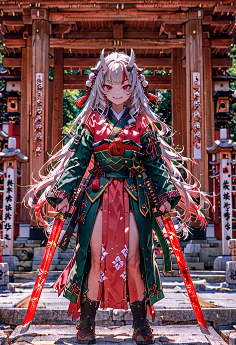 8K Ultra High-Quality, ultra-detailed, High quality, Nakiri Ayame, white oni horns, two katanas, smiling face, shrine background...