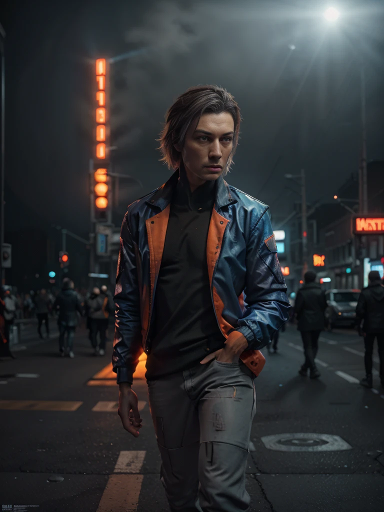 Realistic photo of a Man in  the middle of cyberpunk city Street:1.5, Shadow play, mist, moody, glossy short ash gray hair, orange tech jacket, red iris eyes, vivid, red, cream, brown, green, neon light, purple neon, blue neon, red neon,, Film light, Hyper detailed, Hyper realistic, masterpiece, atmospheric, High resolution, Vibrant, High contrast, dark angle, art by Koos Roos, 8k, HDR, 500px