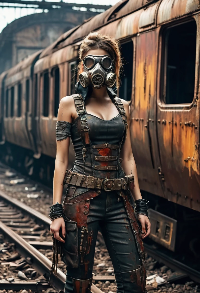 Crea una imagen diagonal y fiel de una niña triste con ropa rota y sucia al estilo Madmax 1 apoyada contra el costado de un largo tren subterráneo oxidado y sucio con púas de METAL a su alrededor., ella lleva una vieja máscara de gas, tren blindado, Hay MUCHOS LUGARES ALREDEDOR de la carrocería del tren.. frente con una rejilla de metal rota con varias púas oxidadas y púas anti-zombis manchadas de sangre; estilo militar con modificaciones y protección con placas metálicas, estilo tanque de guerra, faros rotos y sucios con rejillas, el tren pasa bajo tierra dentro de una estación abandonada y sucia en ruinas debajo del centro de la ciudad estadounidense del manhattan post-apocalíptico ultrafuturista, hay vegetación creciendo en las esquinas de las paredes en la temporada, Hay escombros tirados en las vías del tren., temblor steampunk, arte dramático, Estilo de arte dieselpunk, Vibración apocalíptica de Road Warrior, surreal digital art, loco max inspirado, heavy Arte metalicowork, simetría de la parrilla cromada, arte steampunk digital, Él&#39;No es el estilo Mad Max., Arte metalico, no es Filip Hodas; estilo de arte, arte digital steampunk, dieselpunk, en un mundo de alta tecnología, foto en diagonal, alta calidad, 8K, extremadamente detallado, lo más realista posible, la más alta calidad posible.