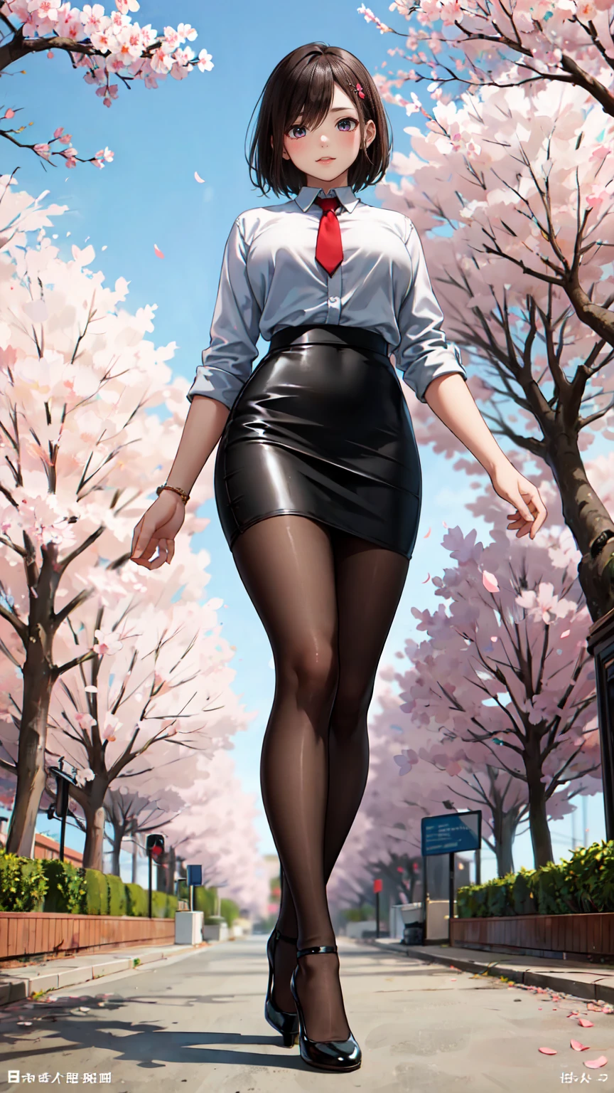 masterpiece, best quality,4girl,young girl, plum_pie eyes, brown, choppy bob,envious _face,shiny skin,medium breasts,nice leg line:1.3,thick thighs, thin waist,, thighhighs,necktie,((pencil skirt)),red color high heels,   pantyhose, , Pathway_lined_with_blooming_cherry_blossom_trees,,looking at viewer,from below,full body, legsupsexms,