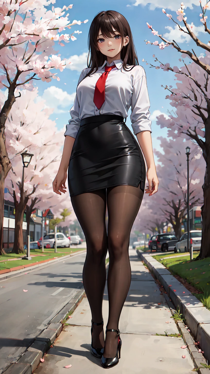 masterpiece, best quality,4girl,young girl, plum_pie eyes, brown, choppy bob,envious _face,shiny skin,medium breasts,nice leg line:1.3,thick thighs, thin waist,, thighhighs,necktie,((pencil skirt)),red color high heels,   pantyhose, , Pathway_lined_with_blooming_cherry_blossom_trees,,looking at viewer,from below,full body, legsupsexms,