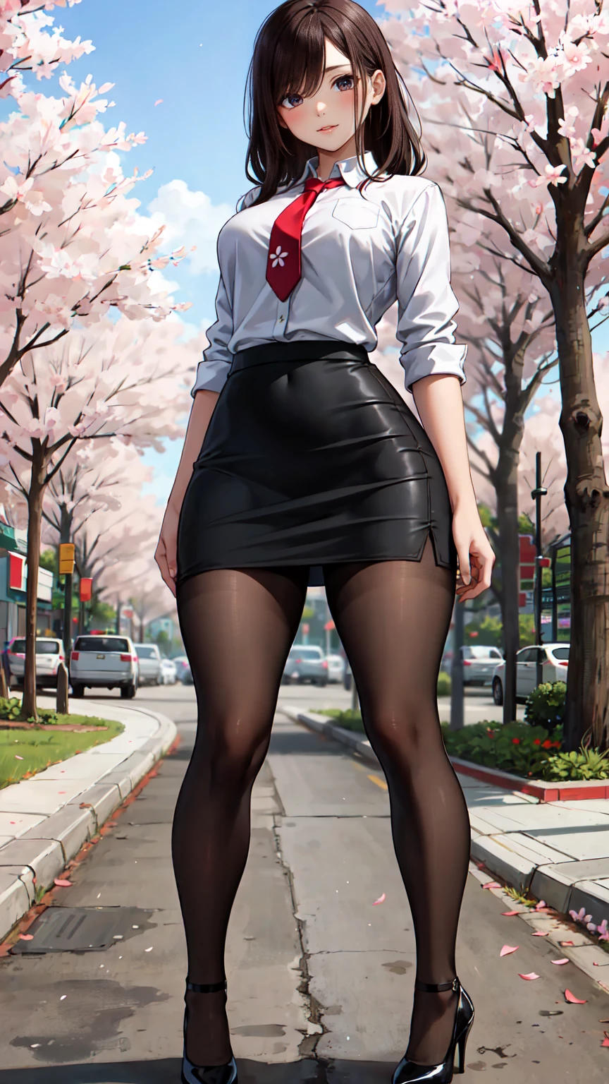 masterpiece, best quality,4girl,young girl, plum_pie eyes, brown, choppy bob,envious _face,shiny skin,medium breasts,nice leg line:1.3,thick thighs, thin waist,, thighhighs,necktie,((pencil skirt)),red color high heels,   pantyhose, , Pathway_lined_with_blooming_cherry_blossom_trees,,looking at viewer,from below,full body, legsupsexms,