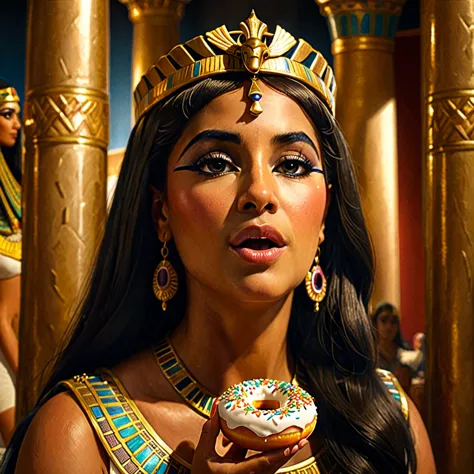 (bust:1.4), low - angle:1.4, cleopatra, beautiful woman with long black hair(putting part of a donut in his mouth:1.9), detailed...