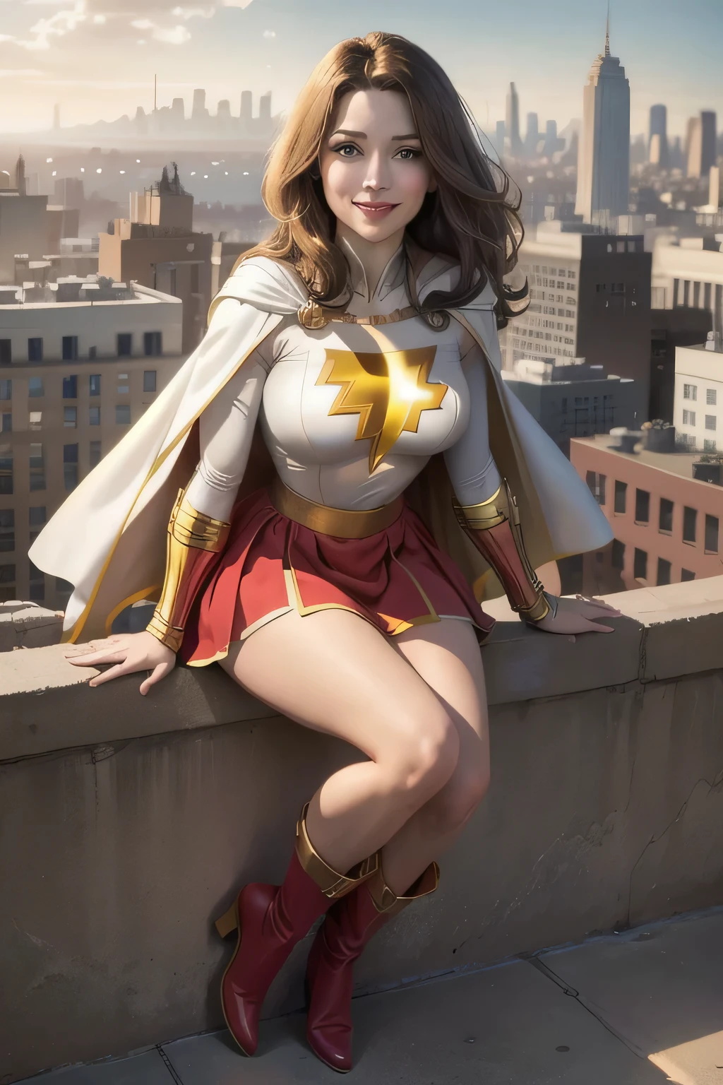 masterpiece, best quality,  mary marvel, white cape, red dress, red skirt, long sleeves, bracer, large breasts, smile, looking at viewer, cityscape, rooftop, smile, yellow boots, sitting, short hair