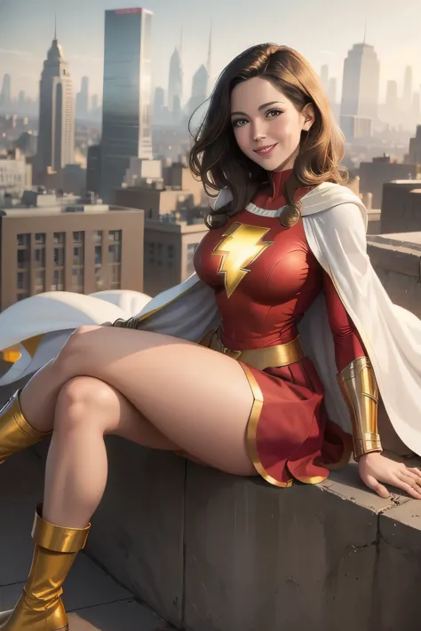 masterpiece, best quality,  mary marvel, white cape, red dress, red skirt, long sleeves, bracer, large breasts, smile, looking a...