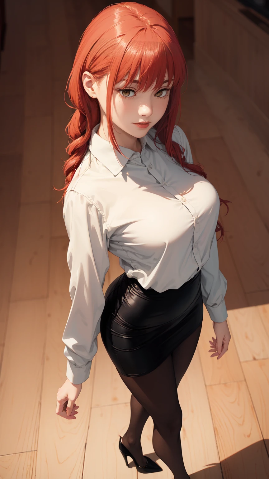 ((masterpiece, Best Quality, high resolution, Perfect Pixel, 8K))), 1 girl、medium thighs、full body seen、 ((Red gorgeous hairs))、(( Beautiful eyelashes、Realistic eyes))、 ((Detailed face, Blushing:1.2))、((Smooth texture:0.75, Realistic texture:0.65, Photorealistic:1.1, Anime CG style))、Seen from front、Dynamic Angle、(Wearing White Shirt、pencil skirt、Indigo Pantyhose、stiletto pumps、standing、one leg up、Sexy legs、Wooden Background)、Perfect realistic representation of face、seducing look at viewer、medium breasts、beautiful portrait、very High quality、ultra high definition、 insanely detailed face、ultra high quality、ultra high clarity、best quality)、realistic representation of a face、beautiful curvious body、best image quality、best clarity、 highest resolution、8k resolution、ultra high resolution、beautiful smile、beautiful eyelashes、Gorgeous face、gorgeous representation of a face、perfect body、erotic face、dynamic lightning、shiny skin、bokeh:1.2、Full body shot、professional photograph