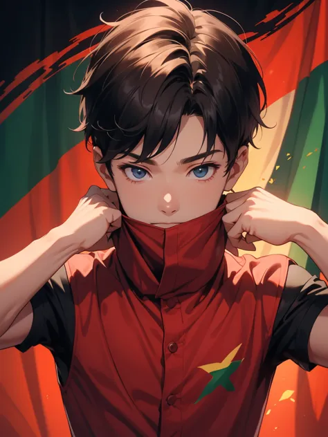 a boy cover the mouth with red clothe and he is action boy, background bangladeshi national flag. 8k hd