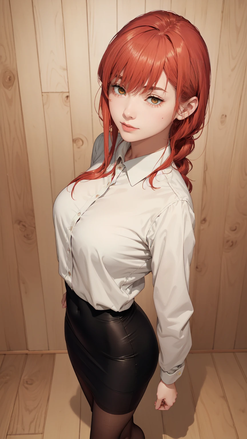 ((masterpiece, Best Quality, high resolution, Perfect Pixel, 8K))), 1 girl、medium thighs、full body seen、 ((Red gorgeous hairs))、(( Beautiful eyelashes、Realistic eyes))、 ((Detailed face, Blushing:1.2))、((Smooth texture:0.75, Realistic texture:0.65, Photorealistic:1.1, Anime CG style))、Dynamic Angle、(Wearing White Shirt、pencil skirt、Indigo Pantyhose、stiletto pumps、standing、model pose、Sexy legs、Wooden Background)、Perfect realistic representation of face、seducing look at viewer、medium breasts、beautiful portrait、very High quality、ultra high definition、 insanely detailed face、ultra high quality、ultra high clarity、best quality)、realistic representation of a face、beautiful curvious body、best image quality、best clarity、 highest resolution、8k resolution、ultra high resolution、beautiful smile、beautiful eyelashes、Gorgeous face、gorgeous representation of a face、perfect body、erotic face、dynamic lightning、shiny skin、bokeh:1.2、Full body shot、professional photograph