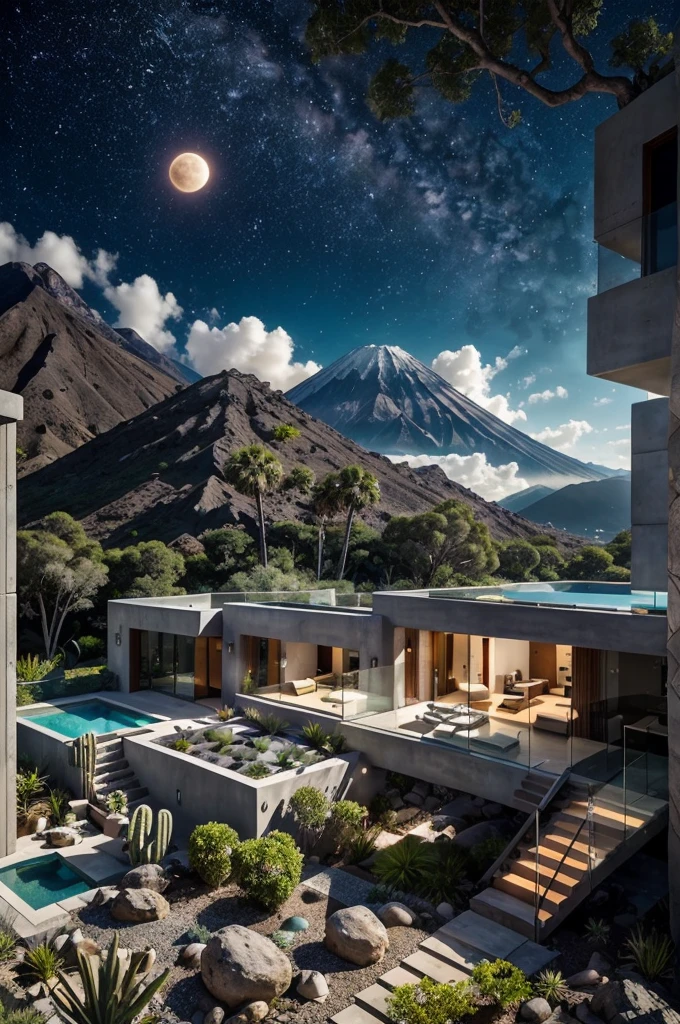 small and beautiful modern house in top of big boulders, terraces, pool, stairs, multiple cacti gardens, palms, trees, rocks, beautiful landscape design, mountains and volcano y background, amazing clouds, sun, moon, planets, milky way galaxy, concrete, wood, glass and steel materials, olive green, violet, orange and withe colors in facade