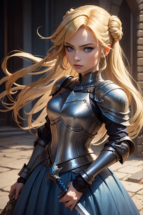 woman in blue dress holding sword and standing outside with hair and eye makeup, 1girl, armor, solo, blonde hair, long hair, blu...