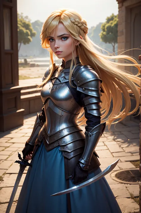 woman in blue dress holding sword and standing outside with hair and eye makeup, 1girl, armor, solo, blonde hair, long hair, blu...