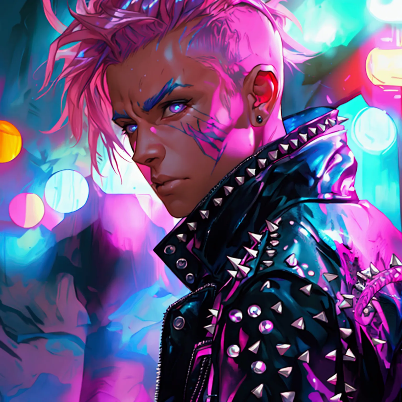 a young male with a pink and blue colored undercut, punk leather jacket with metal spikes, fingerless gloves, purple snakeskin p...