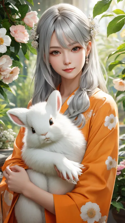 Highest quality, 32K, RAW Photos,  Very detailed, Delicate texture, Silver Hair、Cute woman
(Holding a cute stuffed rabbit in bot...