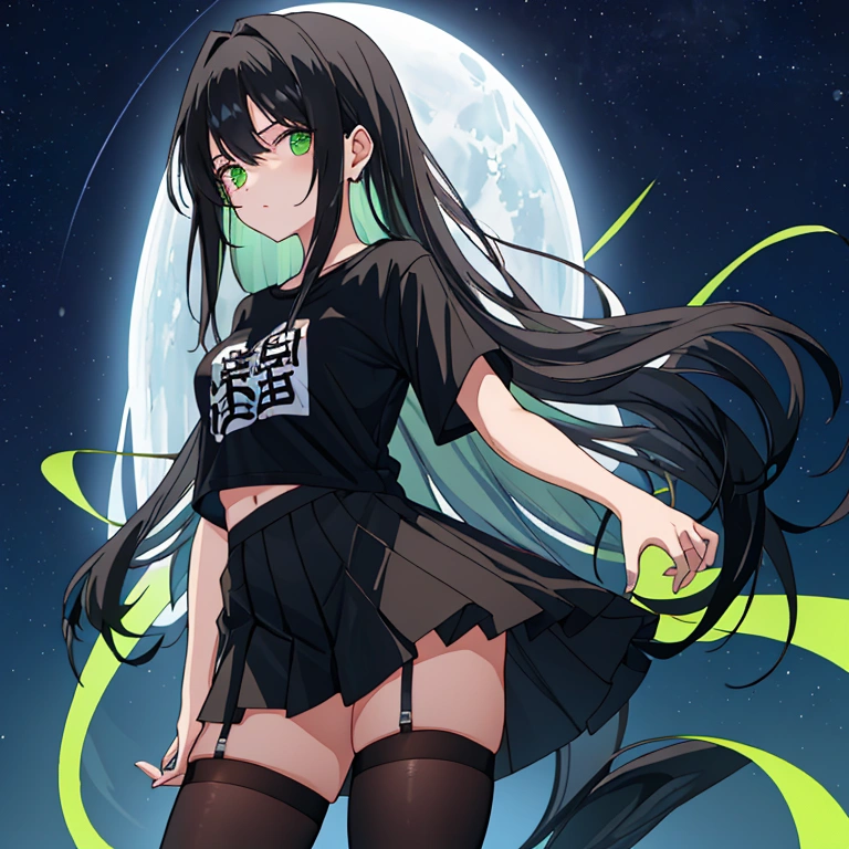 Black hair, green eyes、long hair、T-Shirts、Ultra mini skirt、Girl in black thigh-high stockings