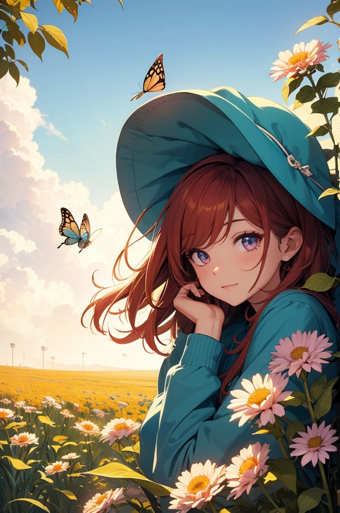 Girl 1,flowers,field,soft tones,A Bright Personality,ultra detail,fiery hair color,bright eyes,Looks at the Sky,Around the Butterfly,animals,Good,Pleasant atmosphere,high quality,scale,wallpaper,4k