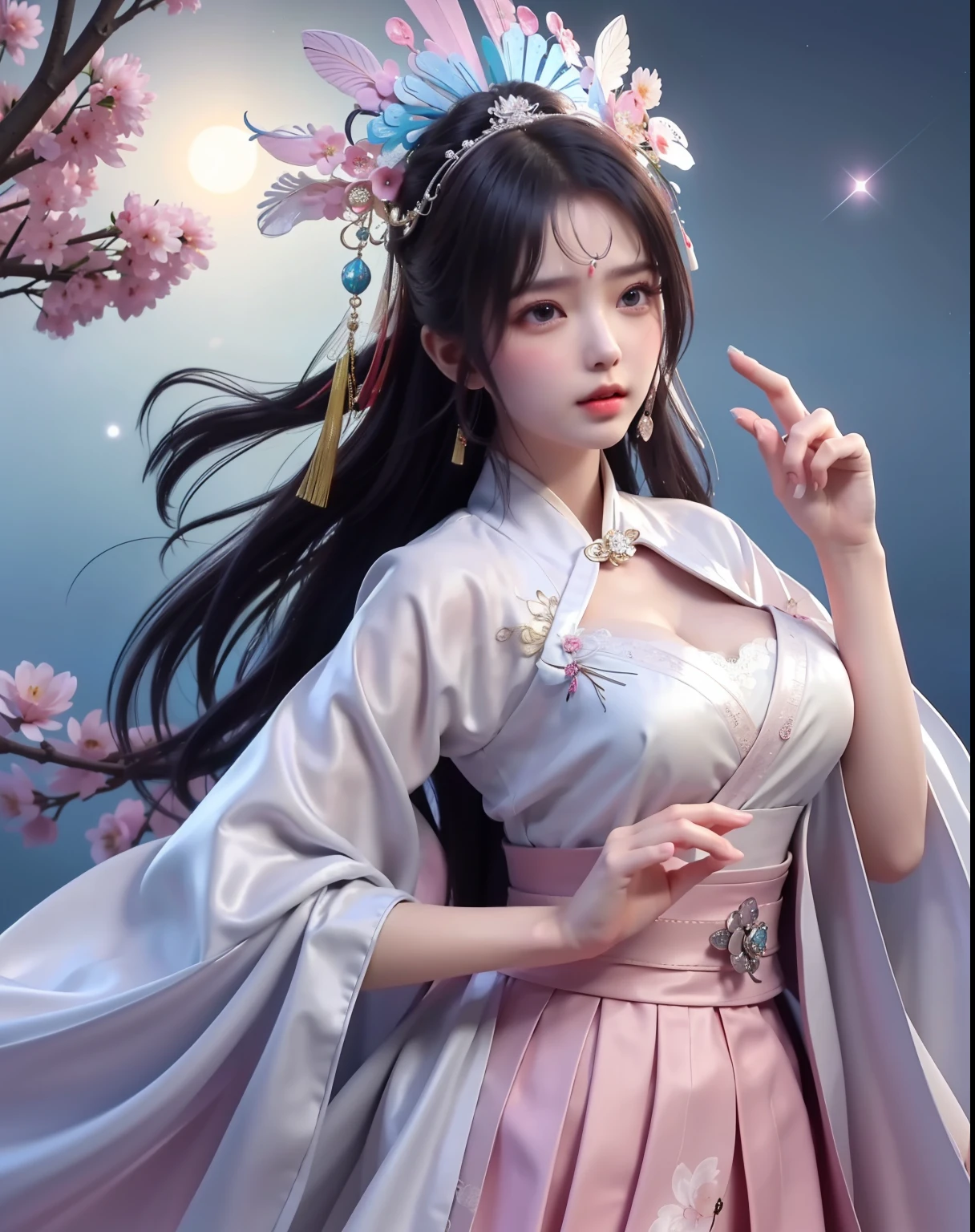 (8k, RAW photo:1.2), best quality, ultra high res,dramatic angle,(fluttered detailed color splashs), (illustration),(((1 girl))),(long hair),(rain:0.9), (Headdress:1.4),There is an ancient palace beside the girl,Hanfu,(Key Points),Color ink painting,(Splash of Color),Splash of Color,(((colorful))),(sketch:0.8) , Masterpiece, best quality, beautiful painted, highly detailed,(denoising:0.6),[splash ink],((ink refraction)), (beautiful detailed sky),moon,highly,detaild,(masterpiece, best quality, extremely detailed） CG Unity 8k Wallpaper，masterpiece，best quality，Ultra Detailed），（Lycoris）. hanfu open v open V-chested clothes Thin silk lace dress , (huge ，cleavage),, white pinkand gren，best qualtiy，tmasterpiece，Ultra-high resolution，（Reality：1.4），RAW photogr，（True skin texture：1.3），（filmgrain：1.3），（Selfie angle），1个Giant Breast Girl，Beautiful eye and face details，tmasterpiece，Best quality at best，，The chest more exposed， detailed hair, bra pink , detail 8k, upper body, lace petticoat