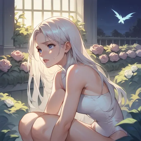 anime, masterpiece, high quality, 1girl, garden, night, nighlights, white long hair, blue eyes side view, lips, tears, white leo...