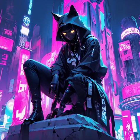 a black cat sitting on top of a white statue, cyberpunk streetwear, tending on art station, name of the character is chad, featu...