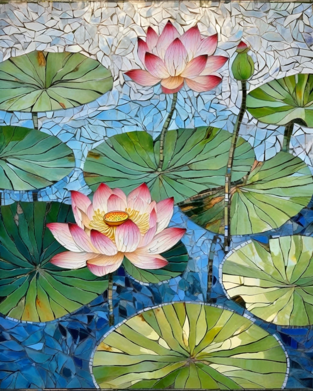 lotus pond in full bloom, A brilliant mosaic: 1.2, welcoming the sun: 0.8, infusing the space with warmth and vibrancy as the glass pieces: 0.4 sparkle and dance. large lotus leaf, lotus flower, ink painting style, clean color, ink wash style, smudge, clean cut, leaving white space, impressive, masterpiece, extremely detailed, epic composition, high quality, highest quality, lotus fairy