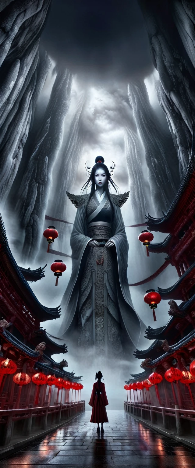 (guiguai),(1女孩:1.2),1 girl stands in front of a huge 怪物,1位女士站立,(全身:1.1),(看着观众:1.5),细致的脸部,细致的眼睛,戏剧灯光,怪物,翅膀,红灯笼,(中式建筑:1.2),透明的灵魂,发光的,重返大气层,天空广阔,连绵的群山和峭壁,大气,景深,雾气升腾,石亭,瀑布,水魔比西姆,bonian,从下面,