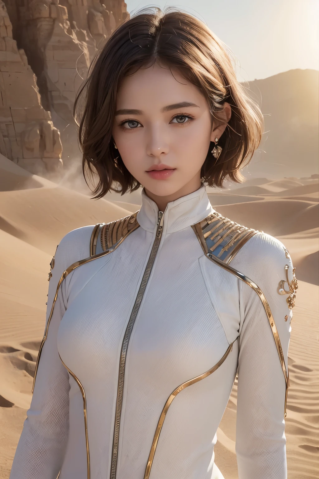 Ultra-high resolution、(masterpiece:1.3), (8k, Best image quality: 1.4)、 (Real:1.4)、One beautiful woman、Beautifully detailed eyes and skin、Micro Smile、Light brown short hair、Hair swaying in the wind、Small Bust、White smart space suit with embellishments、Wide desert、Sandstorm、Intense sunlight、Stone ruins、