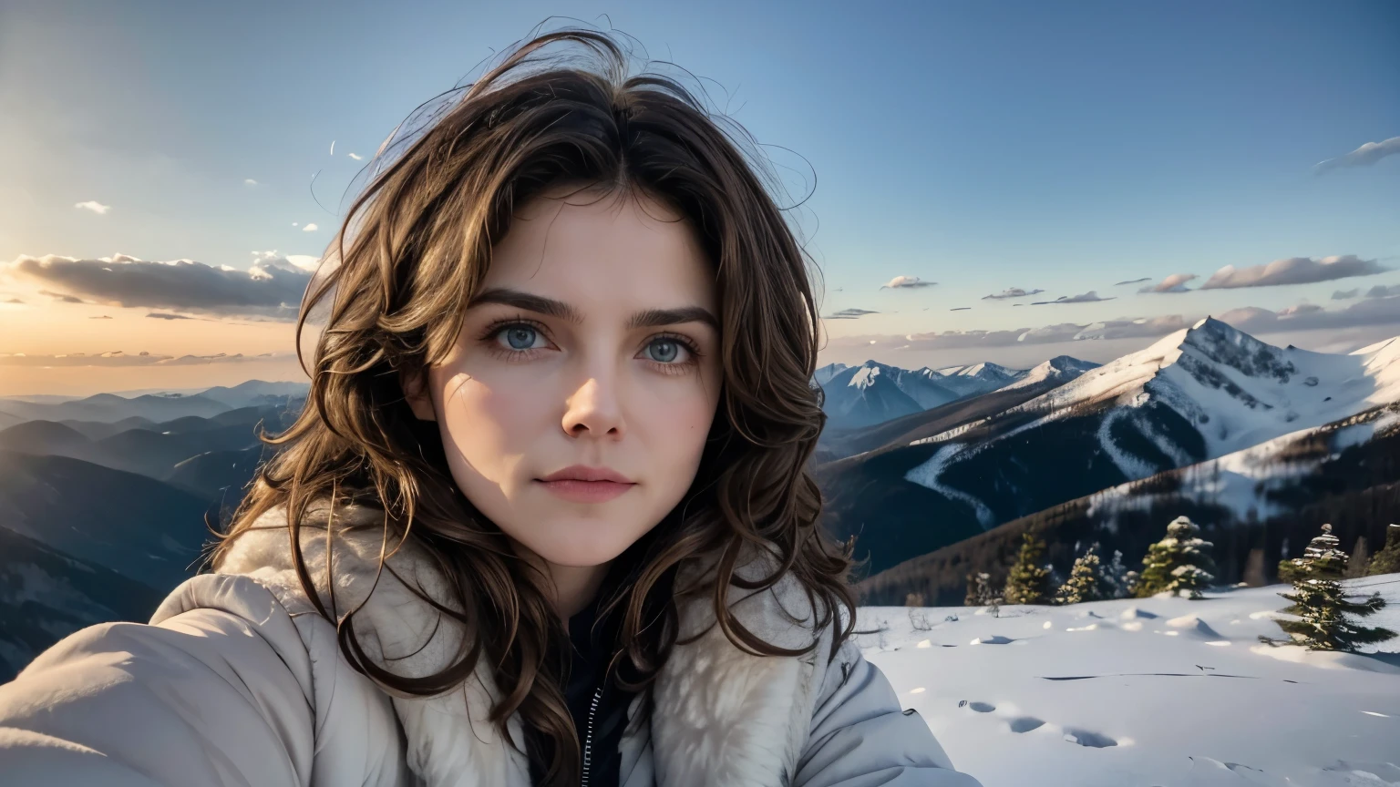 Keri Russell , selfie , masterpiece, wide-angle perspective, S-shaped composition, a picture of the mountain scenery from near to far in a cinematic vision, with distinct levels, clear high and low, distant sunset on the top of a snowy mountain, HD texture, distant layered snowy mountains, white clouds,