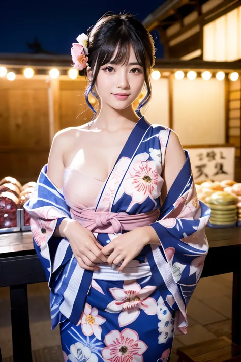 (((mascara、Long false eyelashes、Blue eyeshadow)))、Bright red lipstick、(((The yukata is short and her sexy thighs are visible.)))...