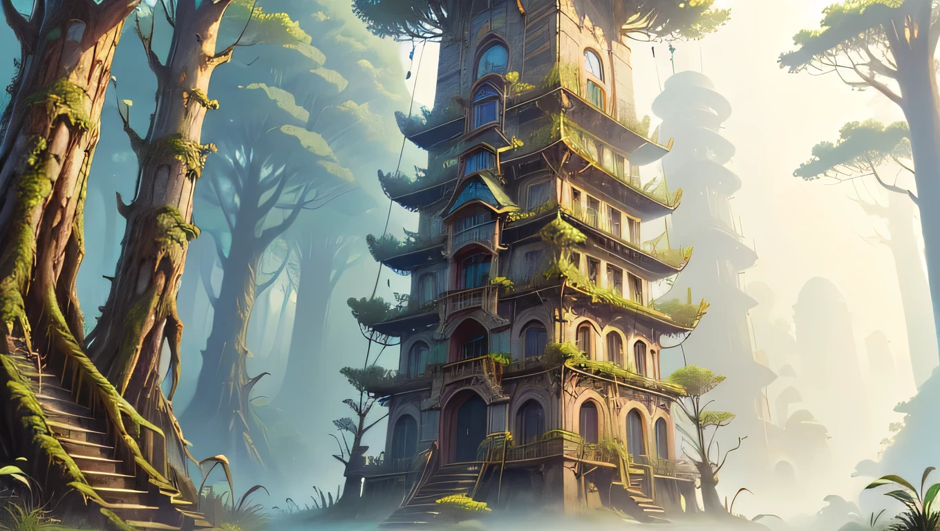 masterpiece, Highest quality,  Tall tower in the forest、