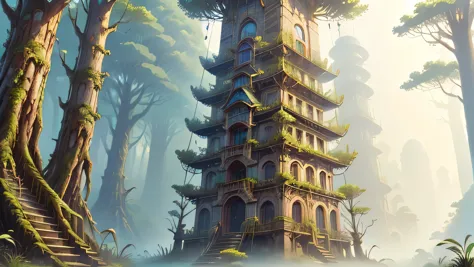 masterpiece, highest quality,  tall tower in the forest、