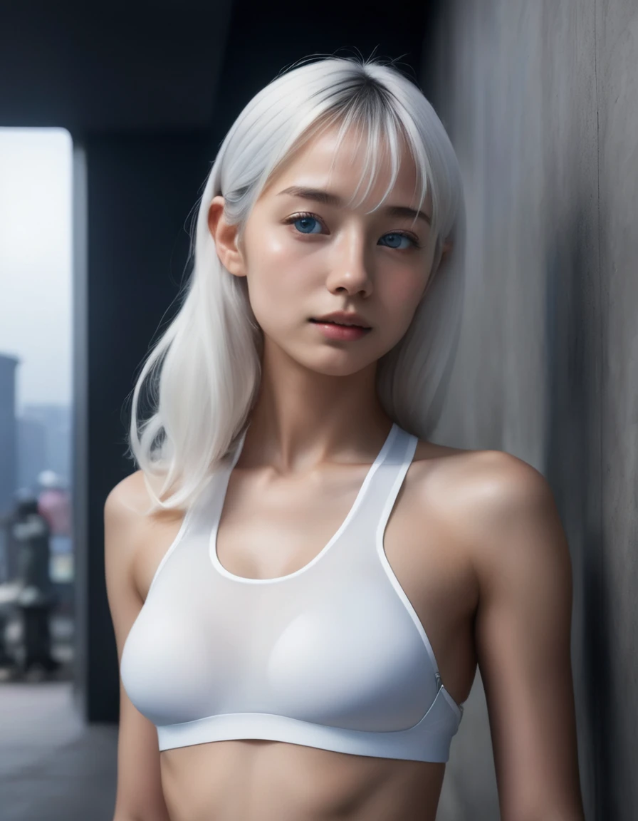 (National Foundation:1.2), masterpiece, best quality, Practical, Futuristic Fashion Art, 
rest 
beautiful young woman with blue eyes, IG model, High Detail, April Rendering, (Wide Angle, sit, full-body shot, Full body in frame:1.3), 

rest 
 (The waist is slender:1.2), Large Breasts, (Big buttocks), Camel toe, Exuding the beauty of sculpture, White, beautiful and silky skin, 
Super small head, Detailed face and eyes, Cute and pretty slim face, Duckbill, Perfect beautiful teeth, Finished white hair, Viewers, 

rest (Network sports equipment:1.2), (All black fashion theme:1.4),
Transparent red sports gear，Comes with multiple elastic black neon straps as clothing, Multi-layered white neon harness wraps the entire body, Design white LED harness, Calm expression, Futuristic accessories, White neon trim and hem, Reflective transparent surface, beauty of simplicity, Wearing white tech sneakers, Advanced technology, standpoint, Amazing simplicity, 

rest 
 (In the dimly lit chambers, White neon lights shining, The interior of a future colony, The fog drifted away，Steam rises from concrete),