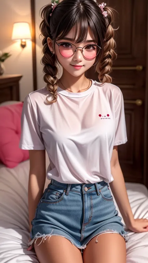 young face　round glasses　farbe々hairstyle　three girls，twin-tailed，pigtails，，bangs are aligned，slightly chubby，tender，flexible，sho...