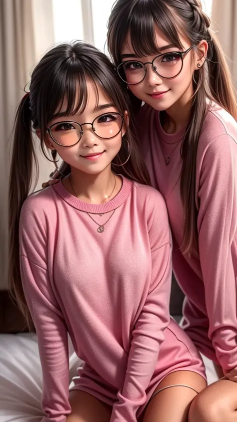 young face　round glasses　farbe々hairstyle　three girls，twin-tailed，pigtails，，bangs are aligned，slightly chubby，tender，flexible，sho...