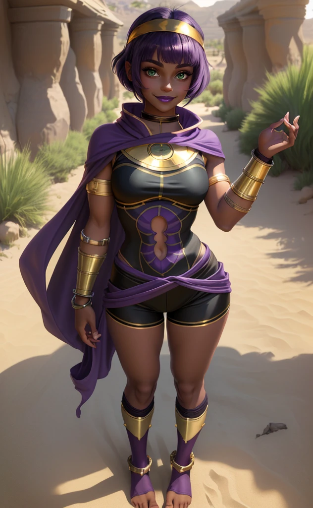 [Menat], ((Masterpiece)), ((High res)), ((HD)), ((solo portrait)), ((full body)), ((front view)), ((feet visible)), ((anime)), ((detailed shading)), ((intricate details)), {(athletic figure), (dark skin), (brown skin), (cute green eyes), (long eyelashes), (short purple hair), (purple lipstick), (beautiful  toned legs), (beautiful feet), (lush lips), (blushing), (cute smile)}, {(black bodysuit), (yoga shorts), (navel cutout), (purple shawl), (black knee high socks), (toeless stirrup socks), (gold headband), (gold bracers), (gold anklets)}, {(standing), (looking at viewer)}, [ambient lighting, desert oasis, sun rays}