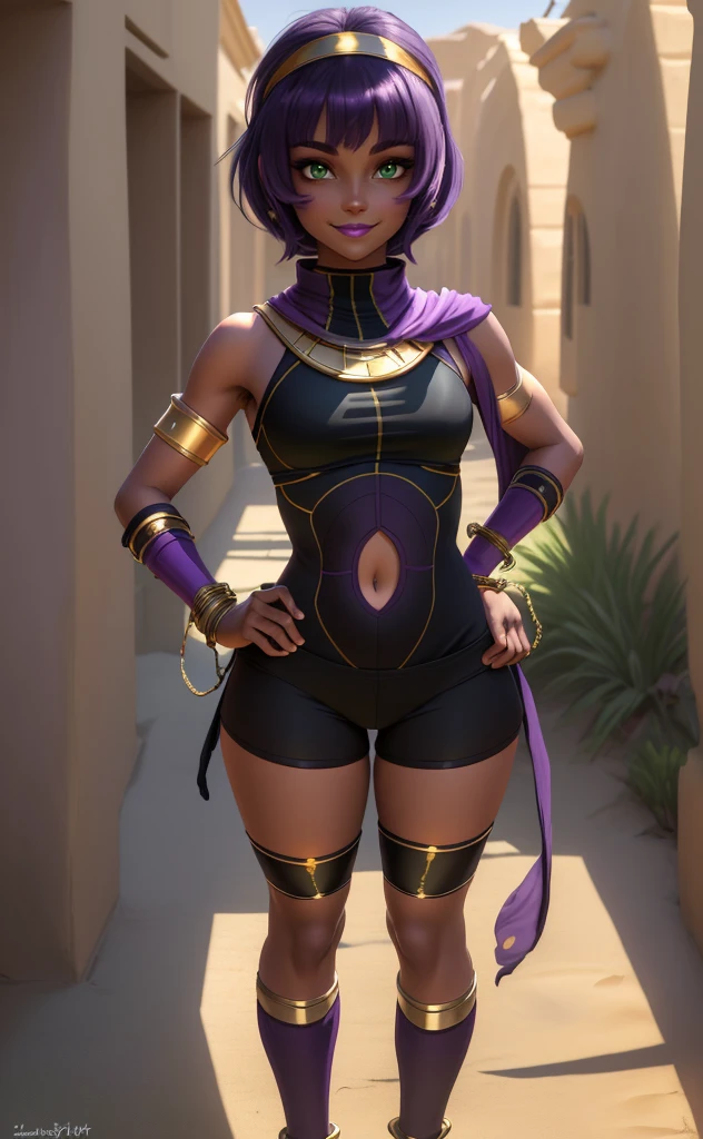 [Menat], ((Masterpiece)), ((High res)), ((HD)), ((solo portrait)), ((full body)), ((front view)), ((feet visible)), ((anime)), ((detailed shading)), ((intricate details)), {(athletic figure), (dark skin), (brown skin), (cute green eyes), (long eyelashes), (short purple hair), (purple lipstick), (beautiful  toned legs), (beautiful feet), (lush lips), (blushing), (cute smile)}, {(black bodysuit), (yoga shorts), (navel cutout), (purple shawl), (black knee high socks), (toeless stirrup socks), (gold headband), (gold bracers), (gold anklets)}, {(standing), (looking at viewer)}, [ambient lighting, desert oasis, sun rays}