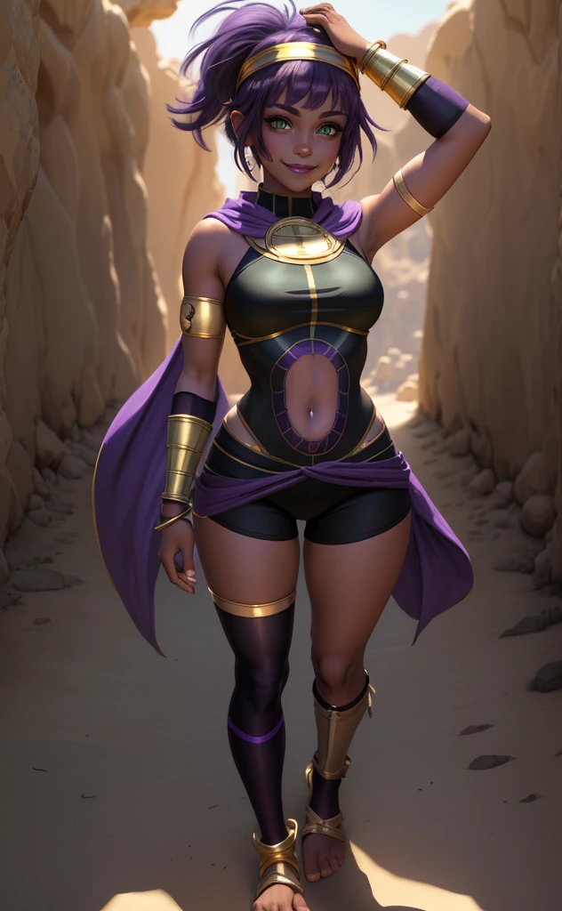 [Menat], ((Masterpiece)), ((High res)), ((HD)), ((solo portrait)), ((full body)), ((front view)), ((feet visible)), ((anime)), ((detailed shading)), ((intricate details)), {(athletic figure), (dark skin), (brown skin), (cute green eyes), (long eyelashes), (short purple hair), (purple lipstick), (beautiful  toned legs), (beautiful feet), (lush lips), (blushing), (cute smile)}, {(black bodysuit), (yoga shorts), (navel cutout), (purple shawl), (black knee high socks), (toeless stirrup socks), (gold headband), (gold bracers), (gold anklets)}, {(standing), (looking at viewer)}, [ambient lighting, desert oasis, sun rays}