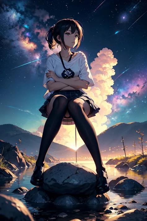 anime girl sits on a stone and looks at the stars, anime wallpaper 4k, anime wallpaper 4 k, 4k anime wallpaper, anime style 4k, ...