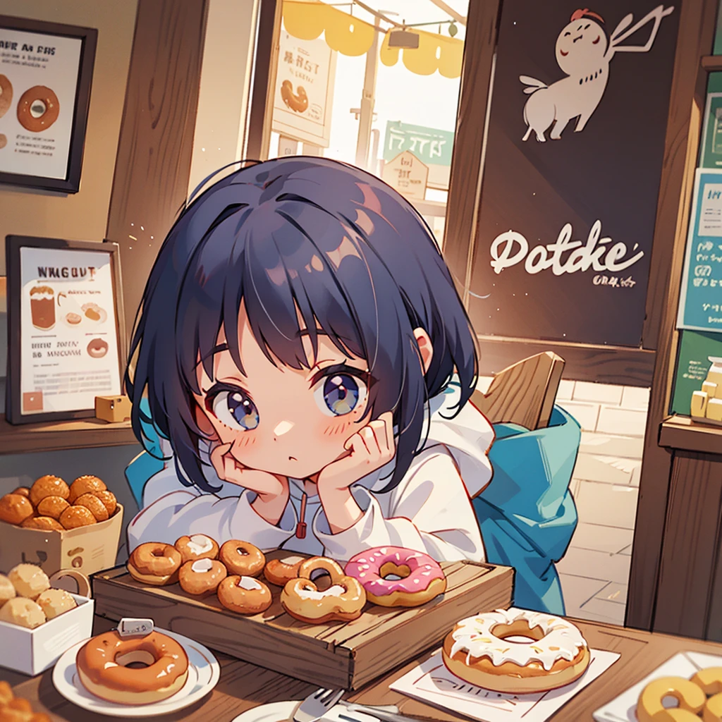 Girl in hoodie having breakfast at a Doughnuts stall