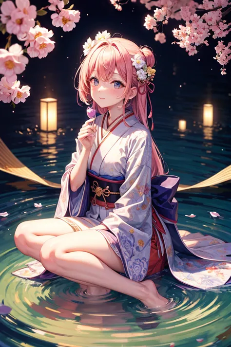 young woman,bubbles,magic,good reigns all around,mystical atmosphere,ultra detail,sakura flowers,japan,arch,clear drawing,top qu...