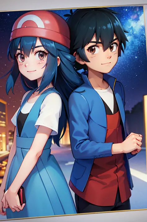 good quality,duo, 1 girl (dawn, long blue hair,straight,blue eyes) 1 man (ketchum ash, black hair,brown eyes), couple,smiling,po...